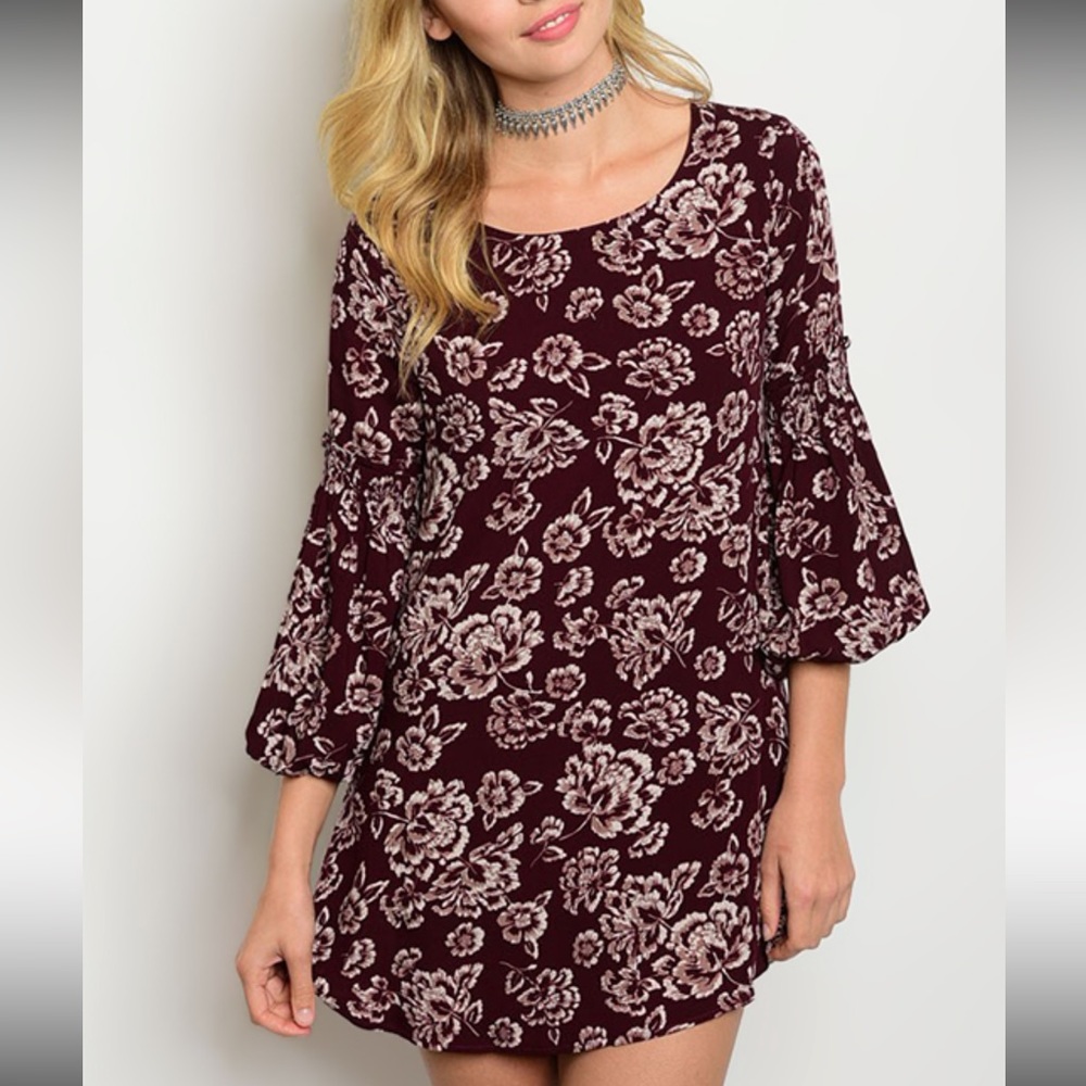 Wine Floral Sass Shift Dress with tie back